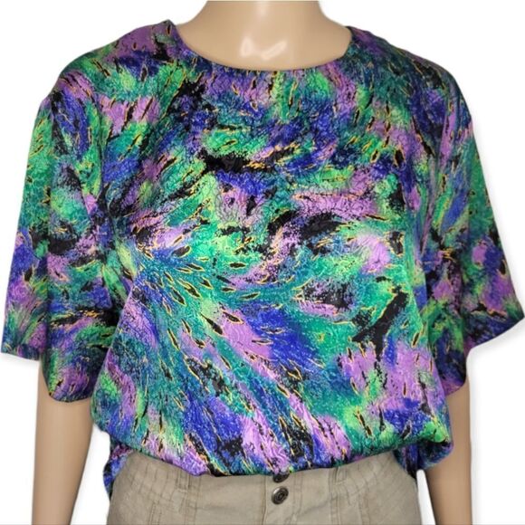 Vintage Southern Lady Green and Purple Novelty Print Box Blouse. - Picture 1 of 9